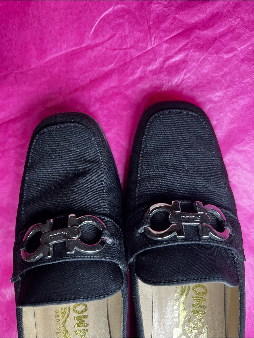 Salvatore Ferragamo Black Slip-On Loafers with Silver Horsebit